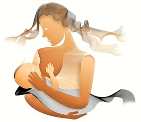 Illustration of an affectionate mother breastfeeding her child. In honor of the World Breastfeeding Week Campaign, 1 to 7 August. White background