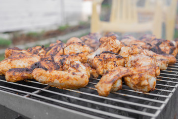 Chicken skewers on a metal grid