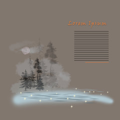 Forest Landscape with Moon and Lake. Misty Forest and Sparkling Lake Scenery with Text Copy Space.