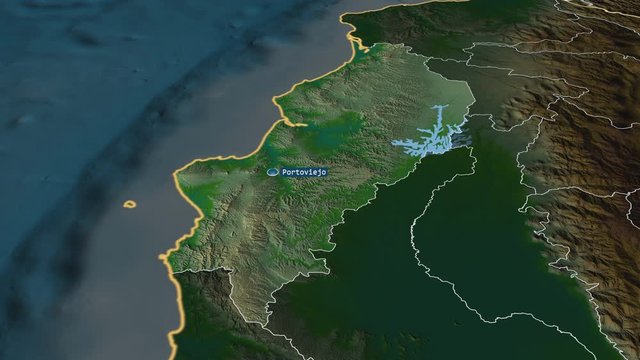 Manabi - province of Ecuador with its capital zoomed on the physical map of the globe. Animation 3D