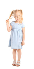 Portrait of adorable little girl on white background