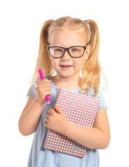 Portrait of smart little girl on white background