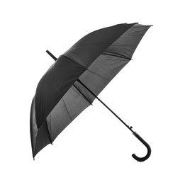 Stylish black umbrella on white background