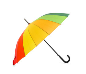 Stylish colorful umbrella on white background