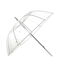 Stylish transparent umbrella on white background