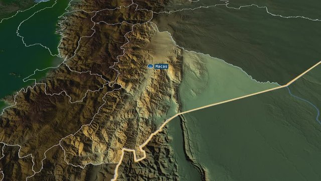 Morona Santiago - province of Ecuador with its capital zoomed on the physical map of the globe. Animation 3D
