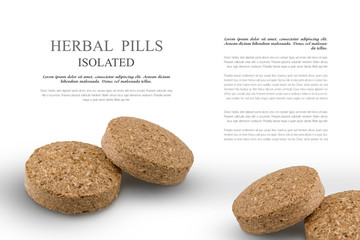 Two herbal pills from medicinal herbs,  isolated on grey background. Phytotherapy. Alternative supplement for good health. Template for design, page layout.