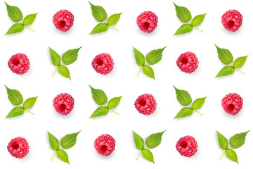 Pattern, seamless, set with raspberries and green leaves isolated on white background. Top view . Template for design.