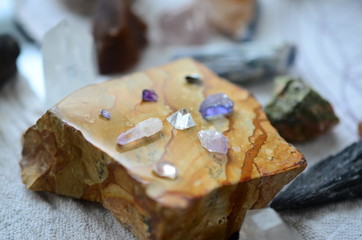 Meditation Grid Kit. Quartz Tower, Natural Citrine, Quartz Points. Variety of colorful crystals on textured background. Healing Crystal Bundle Alter set, Wiccan Witchcraft, Crystal Healing Decor
