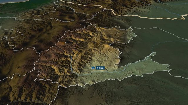 Napo - province of Ecuador with its capital zoomed on the physical map of the globe. Animation 3D