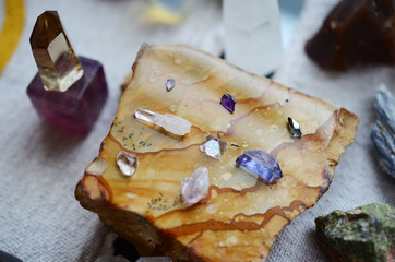 Meditation Grid Kit. Quartz Tower, Natural Citrine, Quartz Points. Variety of colorful crystals on textured background. Healing Crystal Bundle Alter set, Wiccan Witchcraft, Crystal Healing Decor