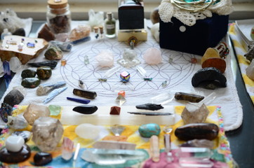 Meditation Grid Kit. Quartz Tower, Natural Citrine, Quartz Points. Variety of colorful crystals on textured background. Healing Crystal Bundle Alter set, Wiccan Witchcraft, Crystal Healing Decor
