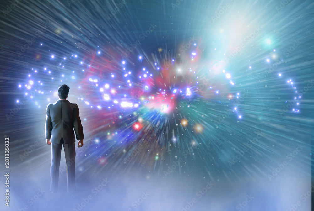 Wall mural man stands watching with wonder the universe and amazement galaxy fill the night sky 3d render
