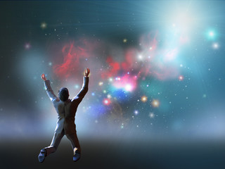 Obraz premium man stands watching with wonder the universe and amazement galaxy fill the night sky 3d render