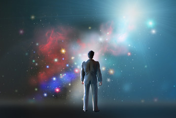 Fototapeta na wymiar man stands watching with wonder the universe and amazement galaxy fill the night sky 3d render