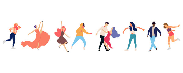 Crowd of young people dancing at club. Big set of characters having fun at party. Flat colorful vector illustration.