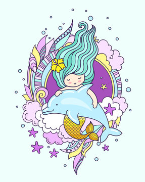 Mermaid with dolphin, surrounded by seaweed, clouds, starfish. Hand-drawn vector illustration. Poster, print, invitation, banner, postcard, card.