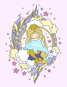 Cute little mermaid with dolphin, surrounded by clouds, seaweeds. Vector colored illustration for card, postcard, poster, banner, print, invitation.