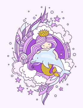 Mermaid, floating with dolphin. Princess with beautiful violet long hair. Vector colored illustration for card, postcard, poster, banner, print, invitation.