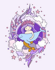 Little kawaii mermaid, holding narwhal. Siren, sitting on a rock. Vector illustratioin for print, poster, banner, postcard, card.