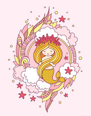 Mermaid with golden hair, in a wreath of starfish. Vector illustration for poster, print, invitation, banner, postcard, card.