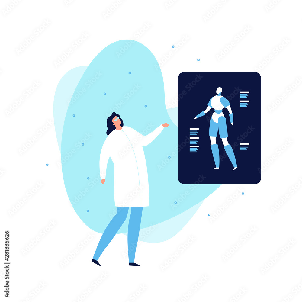 Poster vector modern flat robotic science banner template. female scientist and blue android poster on tren