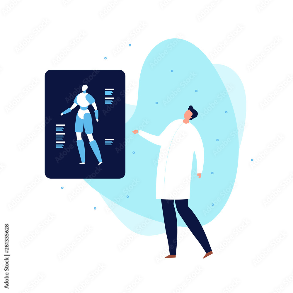 Fototapete Vector modern flat robotic science banner template. Male scientist and blue robot poster on trendy fluid mephis shape isolated on white background. Design element for future science, robotic, ai.