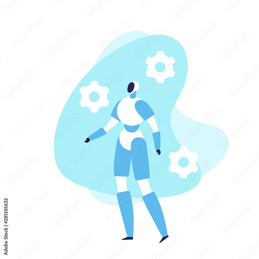 Poster vector modern flat robot banner template. blue android character on fluid shapes background with gea