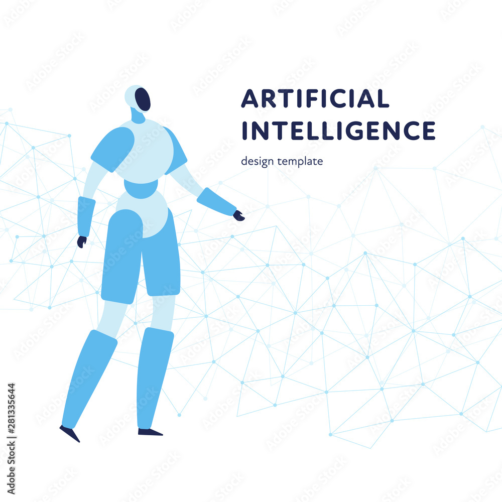 Poster vector modern flat artificial intelligence banner template. blue robot character on low poly backgro