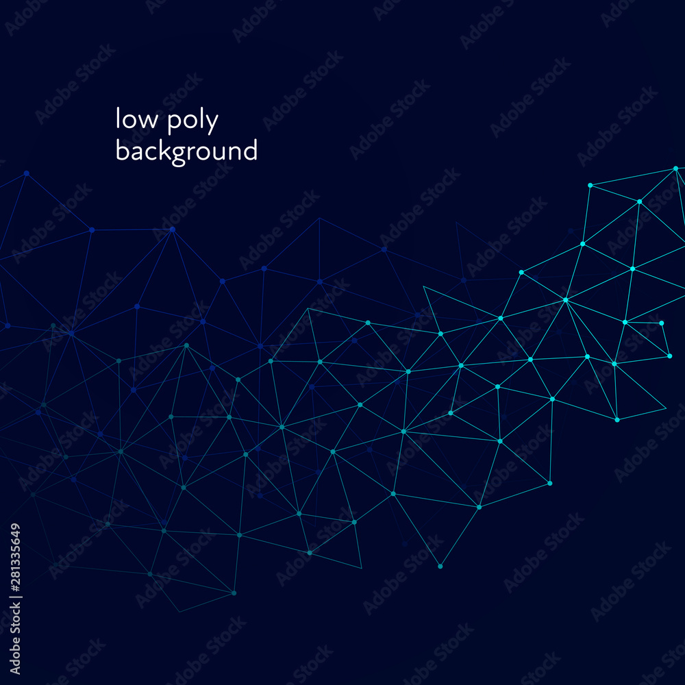 Poster vector low poly abstract banner template. white text isolated on black background with blue geometri