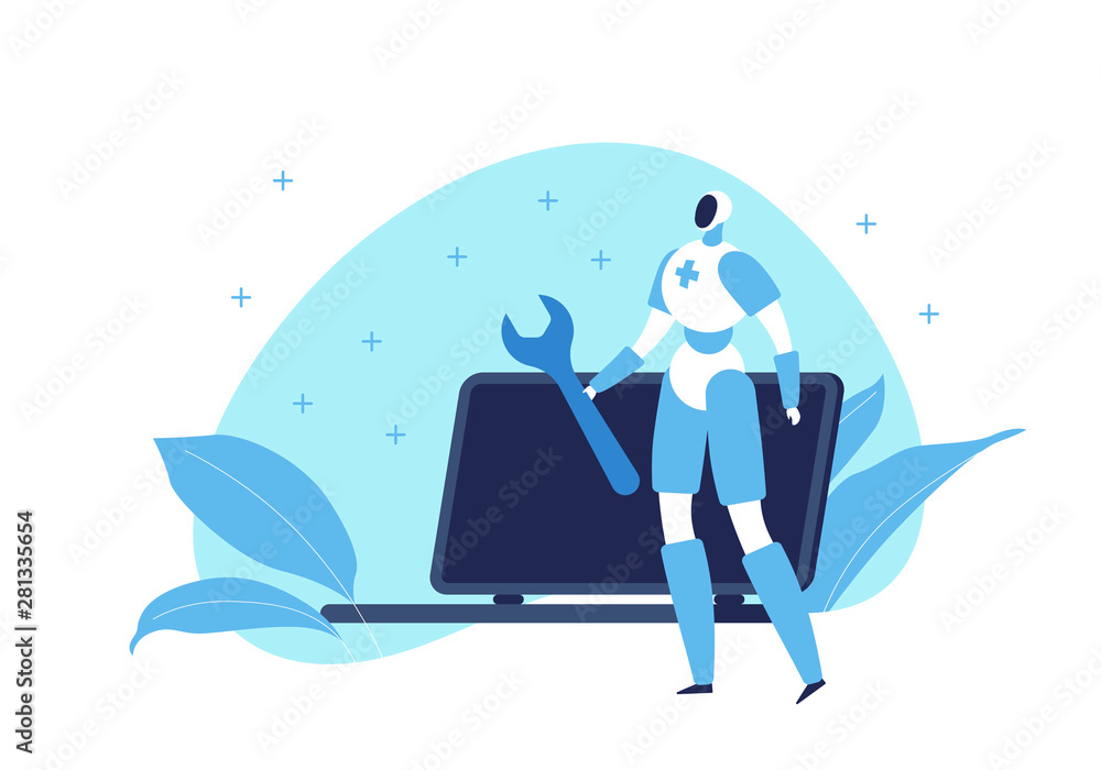 Poster vector modern flat robot engineer character illustration. android with wrench and laptop on blue sha