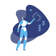 Vector modern flat artificial intelligence banner template. Blue robot character working with holo touch interface isolated on white. Design element for science, robotic, engineering, ai poster
