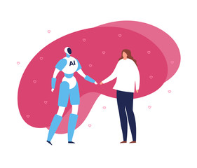 Vector modern flat artificial intelligence communication banner template. Blue robot and male person hand shake and talking on red fluid shape. Design element for future science, robotic, ai poster.