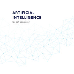 Vector low poly abstract banner template. Black Artificial intelligence text isolated on white background with blue trinagle gradient pattern. Concept of sciency, technology, future, innovation.