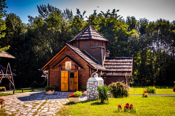 Small wooden church in ethno village Moravski Konaci near the Velika Plana in Serbia