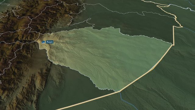 Pastaza - province of Ecuador with its capital zoomed on the physical map of the globe. Animation 3D