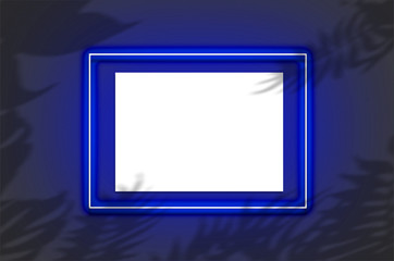 Mockup poster in a neon frame with a blue glow. Scene with tropical overlay palm shadows with free space inside