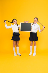 Healthier hair from root to tip. Cute small children with plaited hair holding blackboard on yellow background. Happy little girls with long hair braids and chalkboard. Braiding hair for school