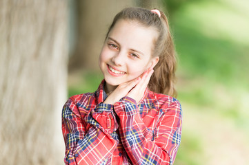 Positive emotions. Small girl relaxing in park. Little child enjoy walk park. Weekend time. Girl carefree child. Summer holidays. Emotional kid nature background. Child care. Vacation time for relax