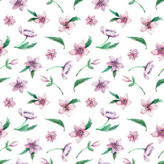 Seamless watercolor floral pattern on a white background. Beautiful summer background for your design and print.