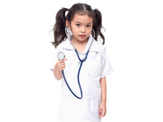 Asian little cute girl wearing white medical uniform and holding stethoscope on white background. Little cute girl 5-6 years old role playing doctor occupation.