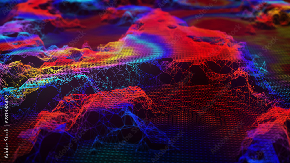 Poster cybernetic futuristic background. big data visualization. technological 3d landscape. abstract grid 