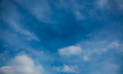 Blue sky with light white clouds cirrus and cumulus on a bright sunny clear day without rain during...