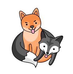 Dog shiba and black fox. Cute cartoon characters. Sticker, patch, badge, pin for kids, children, babies. Vector illustration.