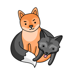 Dog shiba and black fox. Cute cartoon characters. Sticker, patch, badge, pin for kids, children, babies. Vector illustration.
