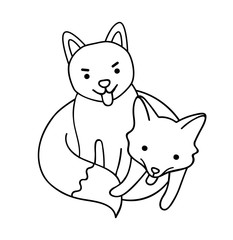 Dog shiba and black fox. Cute cartoon characters. Sticker, patch, badge, pin for kids, children, babies. Vector illustration.