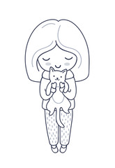 Girl with cat. Cute cartoon character. Vector illustration for coloring book, print, card, postcard, poster, t-shirt, tattoo.