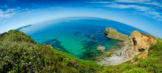 Bassets cove, Cornwall, England on a sunny day. Fish eye view