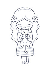 Little girl with kitten in her hands. Vector illustration for coloring book, print, card, postcard, poster, t-shirt, tattoo.