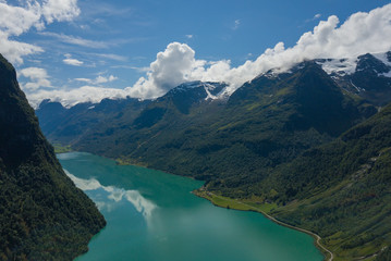 View of the Oldevatnet lake in Norway from the top by drone. July 2019